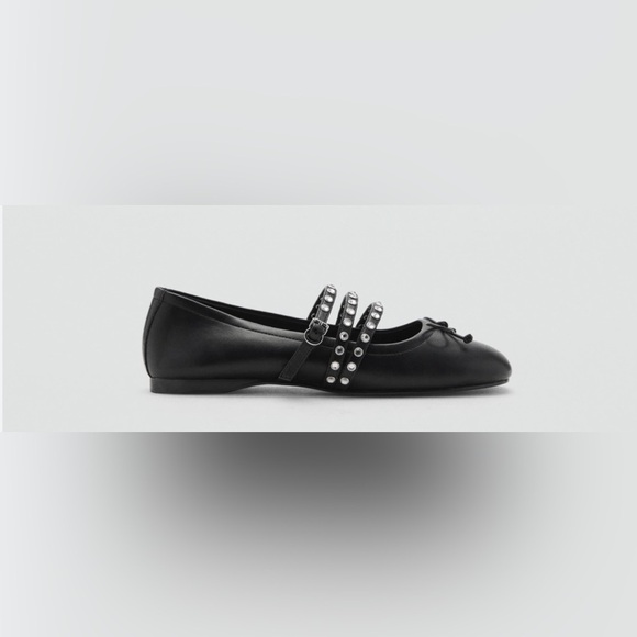 MANGO MNG Women’s Silver STUDDED Black BALLET FLATS WITH STRAPS Size 35/5 - Picture 3 of 16